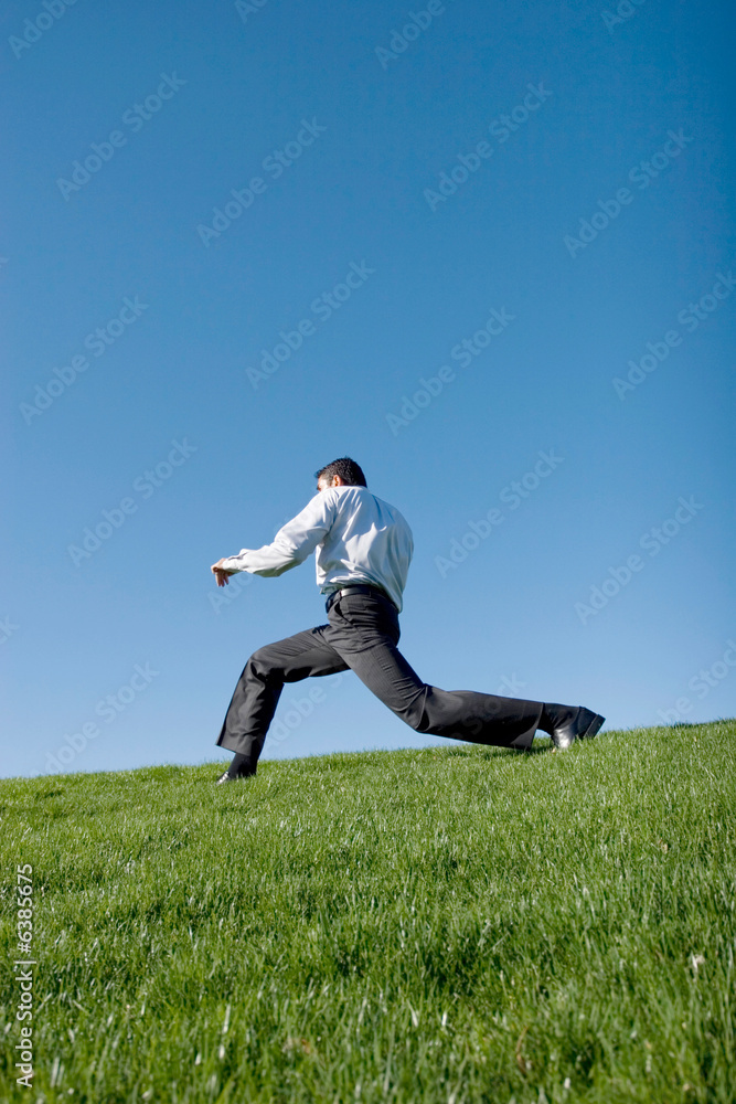 Businessman doing karate moves on green grass Businessman doing karate moves on green grass