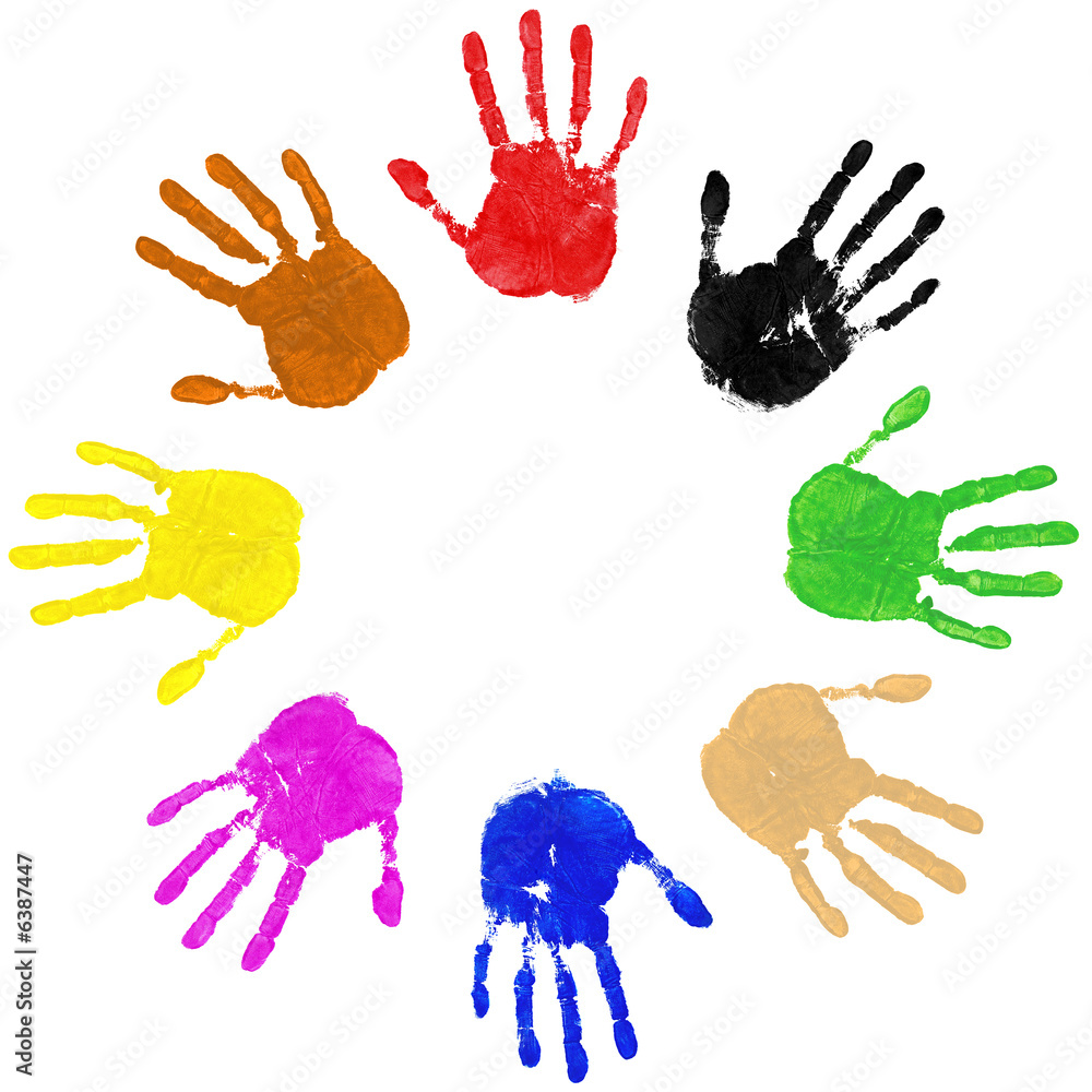 Multi coloured painted handprints arranged in a circle on white Multi coloured painted handprints arranged in a circle on white