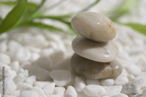zen stones and bamboo on white pebbles background