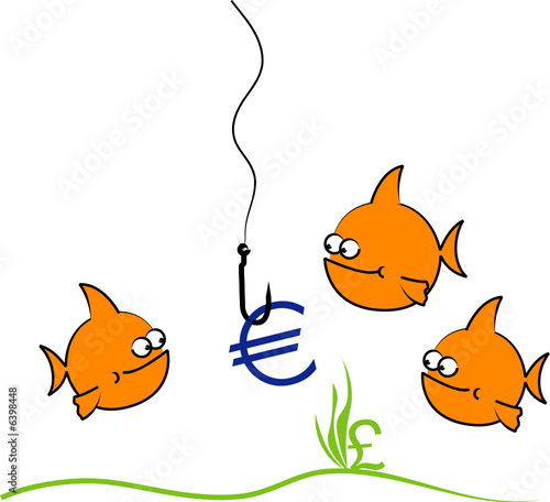 Three cartoon fish looking at euro symbol on hook