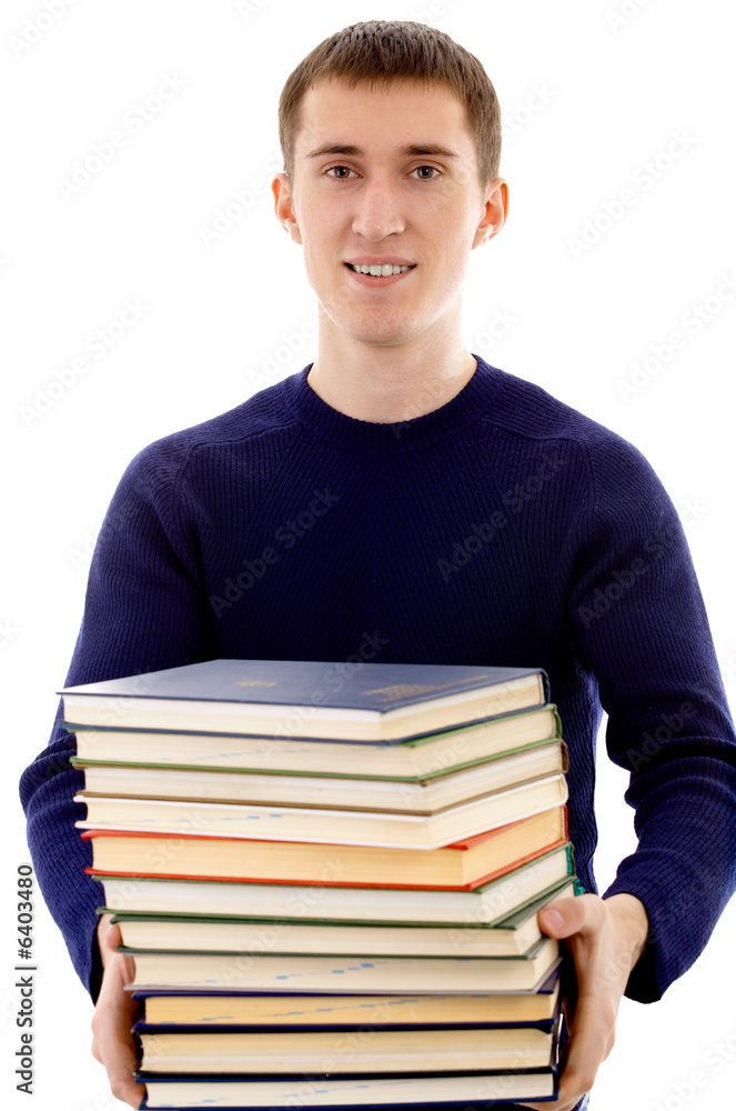 Caucasian male person with books on isolated background Caucasian male person with books on isolated background