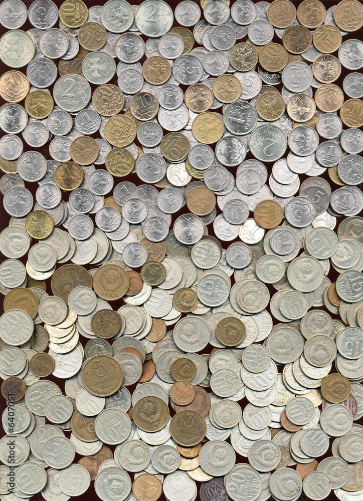 Pile of Soviet and Russian coins background. Kopecks and roubles foreign currency from USSR and Russia Pile of Soviet and Russian coins background. Kopecks and roubles foreign currency from USSR and Russia