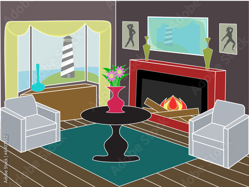 Holiday room with view of seaside, warm fireplace modern decor