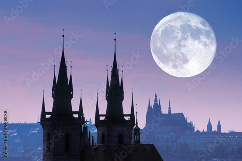 Canvas Print Czech Republic, Prague, silhouette of Tyn church at night.