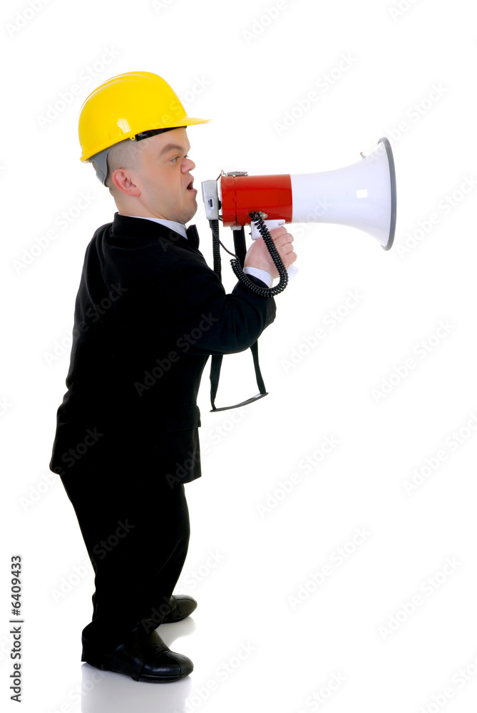 Little man, dwarf construction supervisor with megaphone Little man, dwarf construction supervisor with megaphone