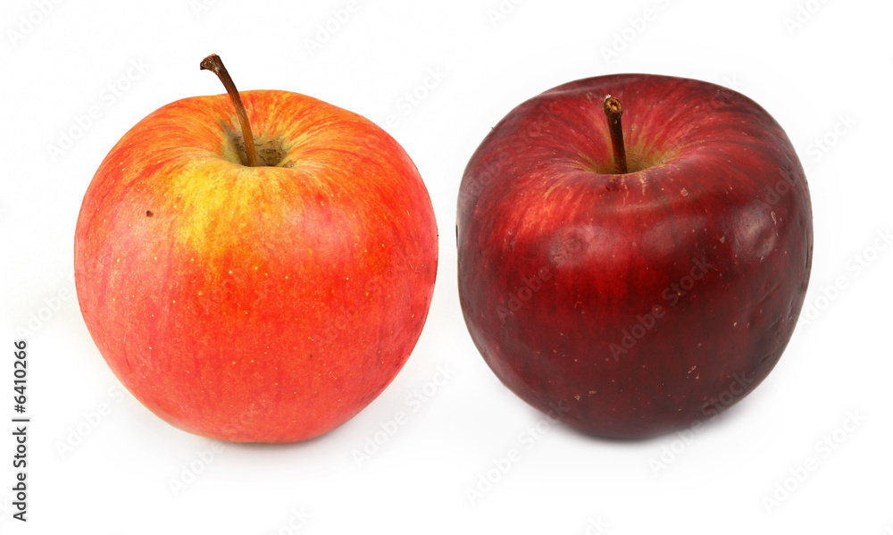 two various red apples on white, gentle shadow in front two various red apples on white, gentle shadow in front