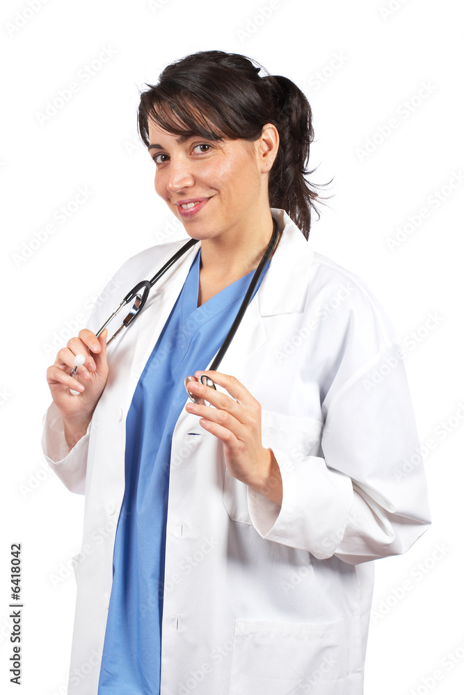 Friendly female doctor in lab coat with stethoscope Friendly female doctor in lab coat with stethoscope