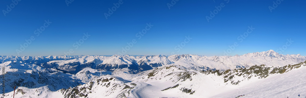 Panoramic view of the French Alps under snow