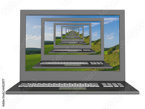 Recursive 3D  image of laptops with a landscape on the screen.. photo