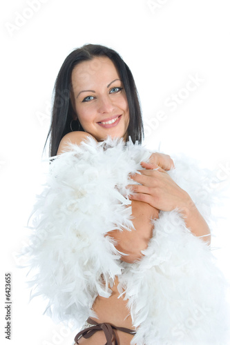 portrait of the brunette with blue eye on white background