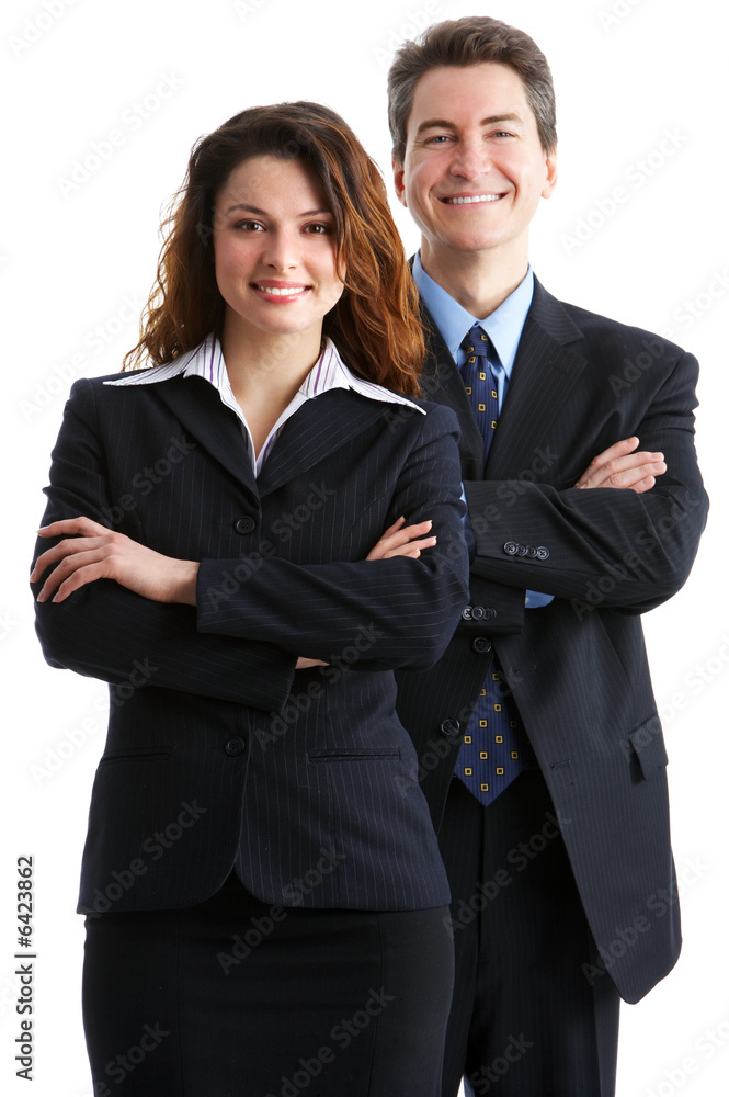 Young smiling business woman and business man. Young smiling business woman and business man.