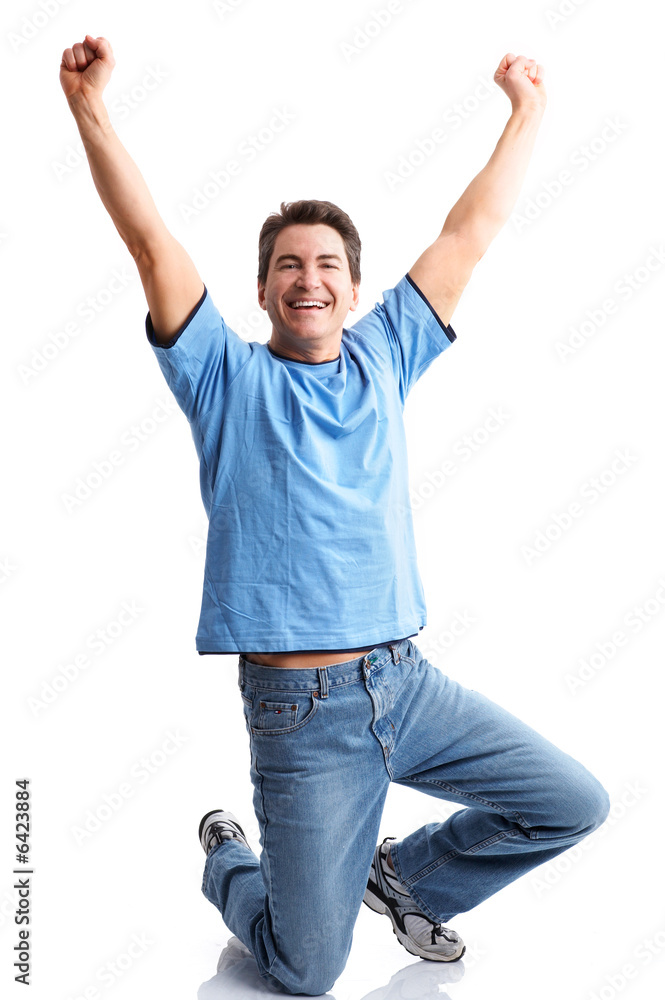 Funny happy man. Isolated over white background.
