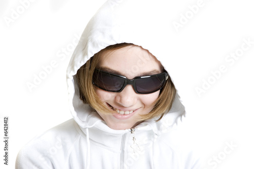 girl with a white hood and black glasses isolated on white