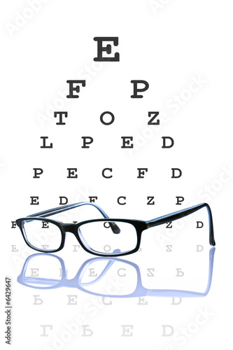 Eye glasses reflected, with optometrist chart on background.