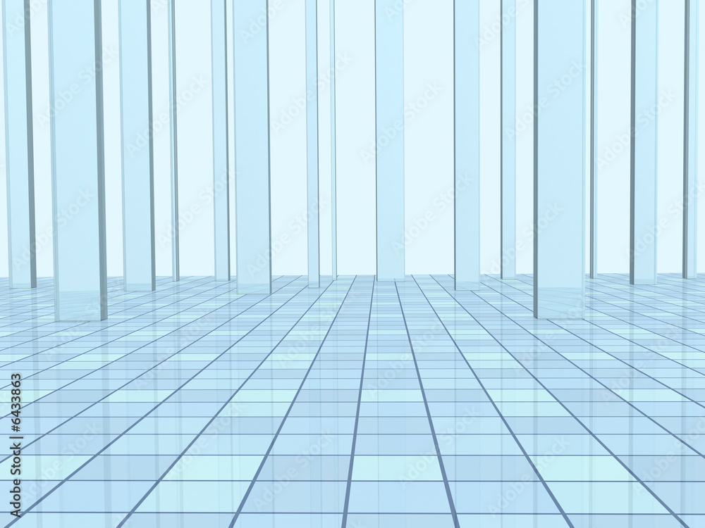 Abstract blue background with columns and a tiled floor