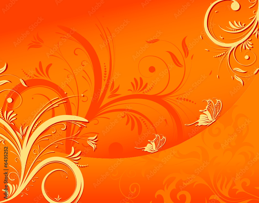 Flower background with butterfly and wave pattern, vector