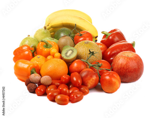 red, yellow and green fruits and vegetables - isolated on white photo