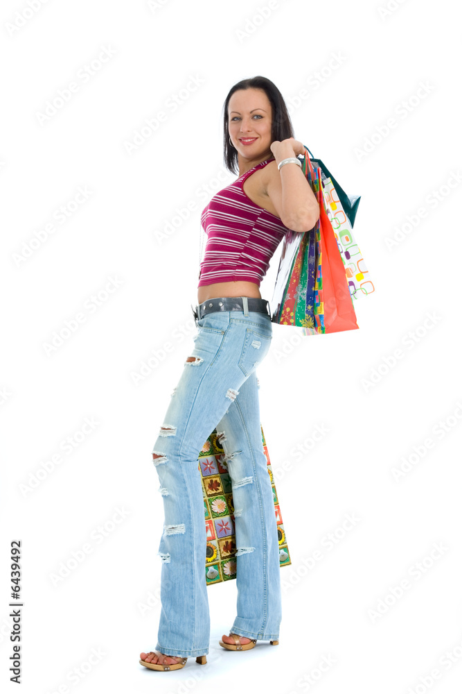 Beautiful woman with gift on white background