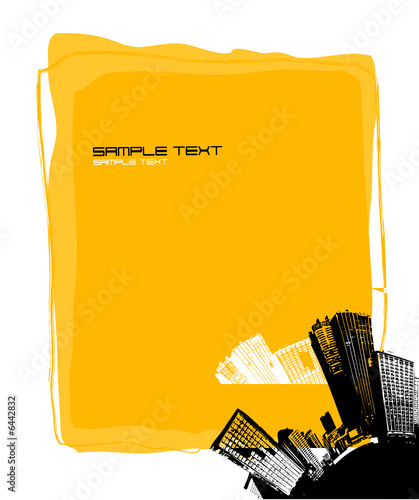 Yellow board with silhouette of city in the corner. Vector