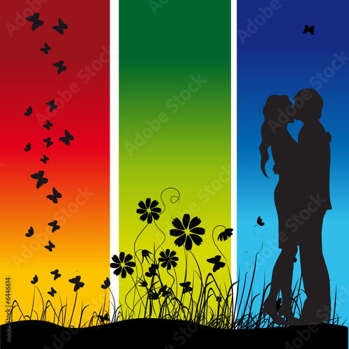 Couple kisses on a meadow, black silhouette