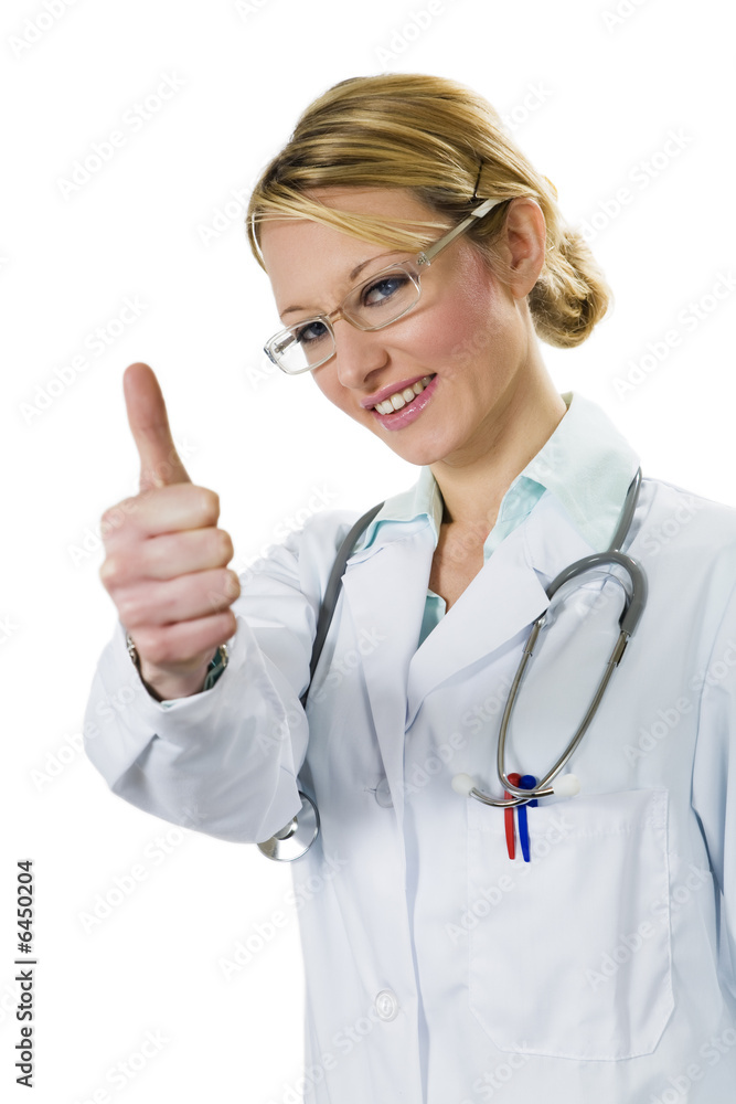 healthcare and medicine: young doctor with thumb up healthcare and medicine: young doctor with thumb up