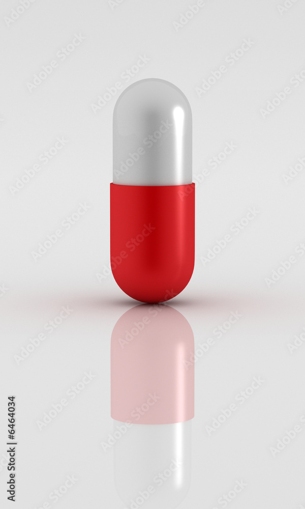 3d Rendered pill on reflective white plane 3d Rendered pill on reflective white plane