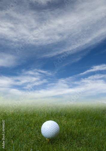 golf ball on the grass with blue sky