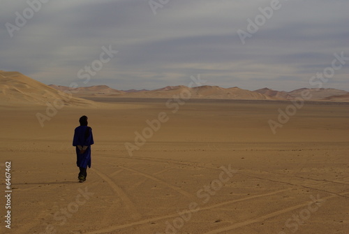 Homme bleu marchant dans le désert