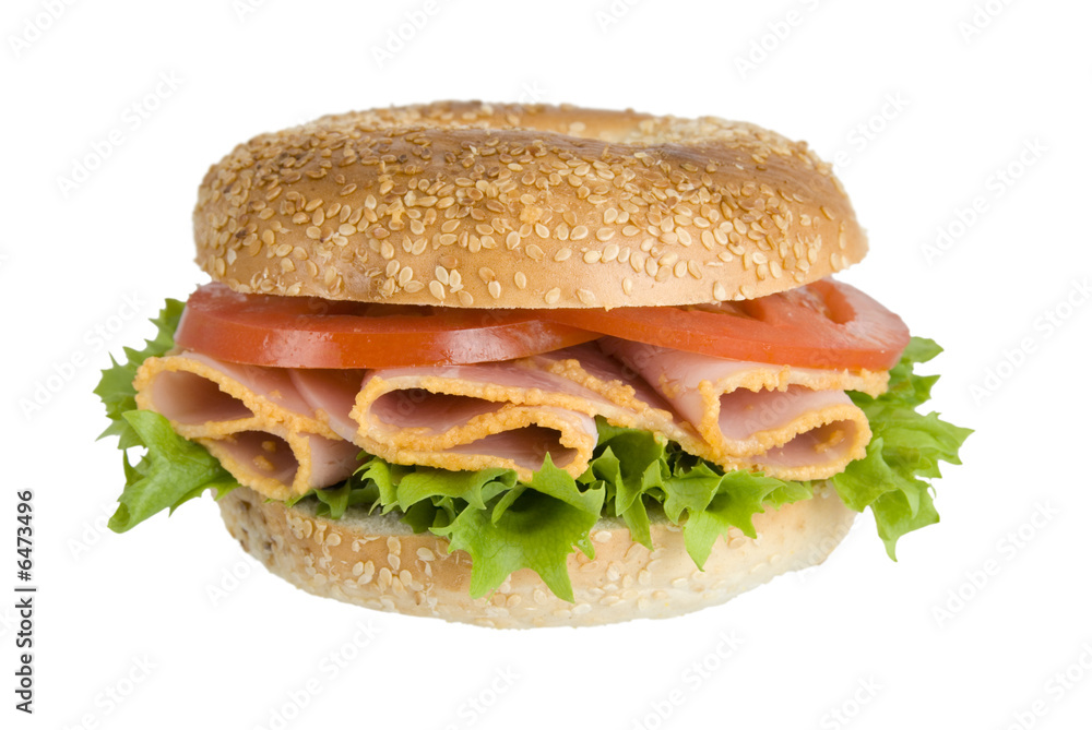 Ham bagel with lettuce and tomato Ham bagel with lettuce and tomato