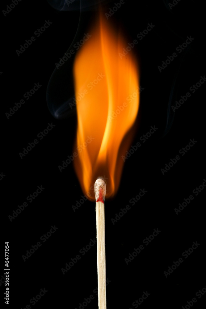 A single wooden match lit ablaze, over black. A single wooden match lit ablaze, over black.