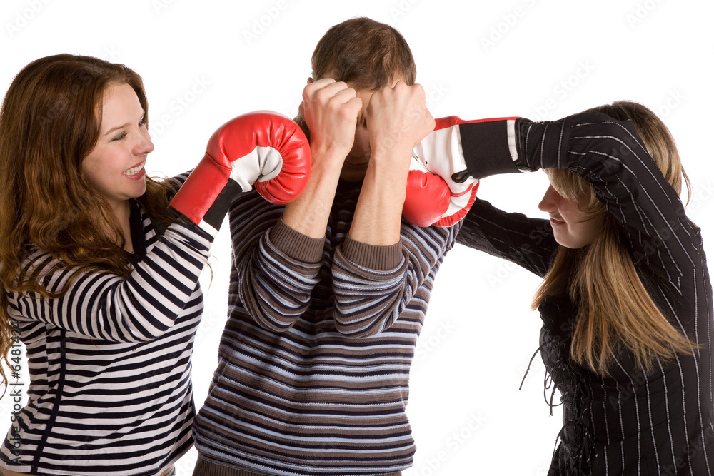 three young people boxing, white background, isolated three young people boxing, white background, isolated