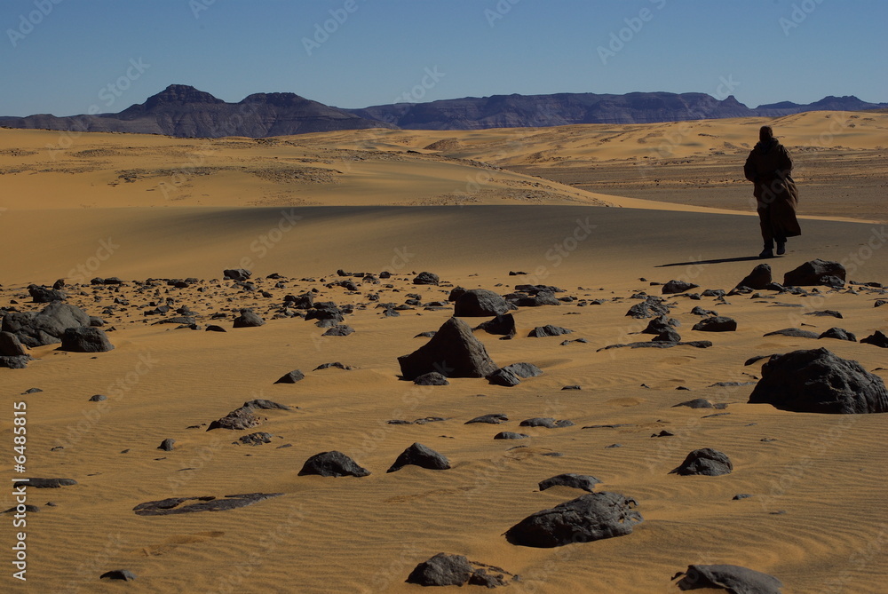 Homme en burnous marron marchant dans le désert Stock Photo | Adobe Stock