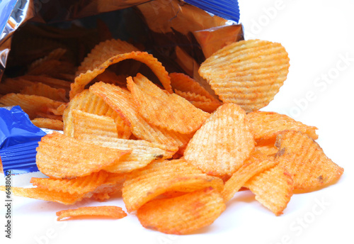 open packet of crisps on white background