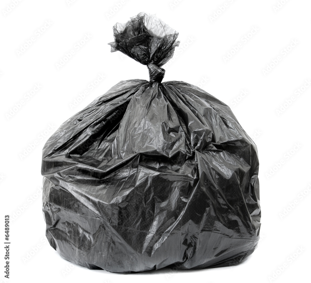 tied black rubbish bag isolated on white background,