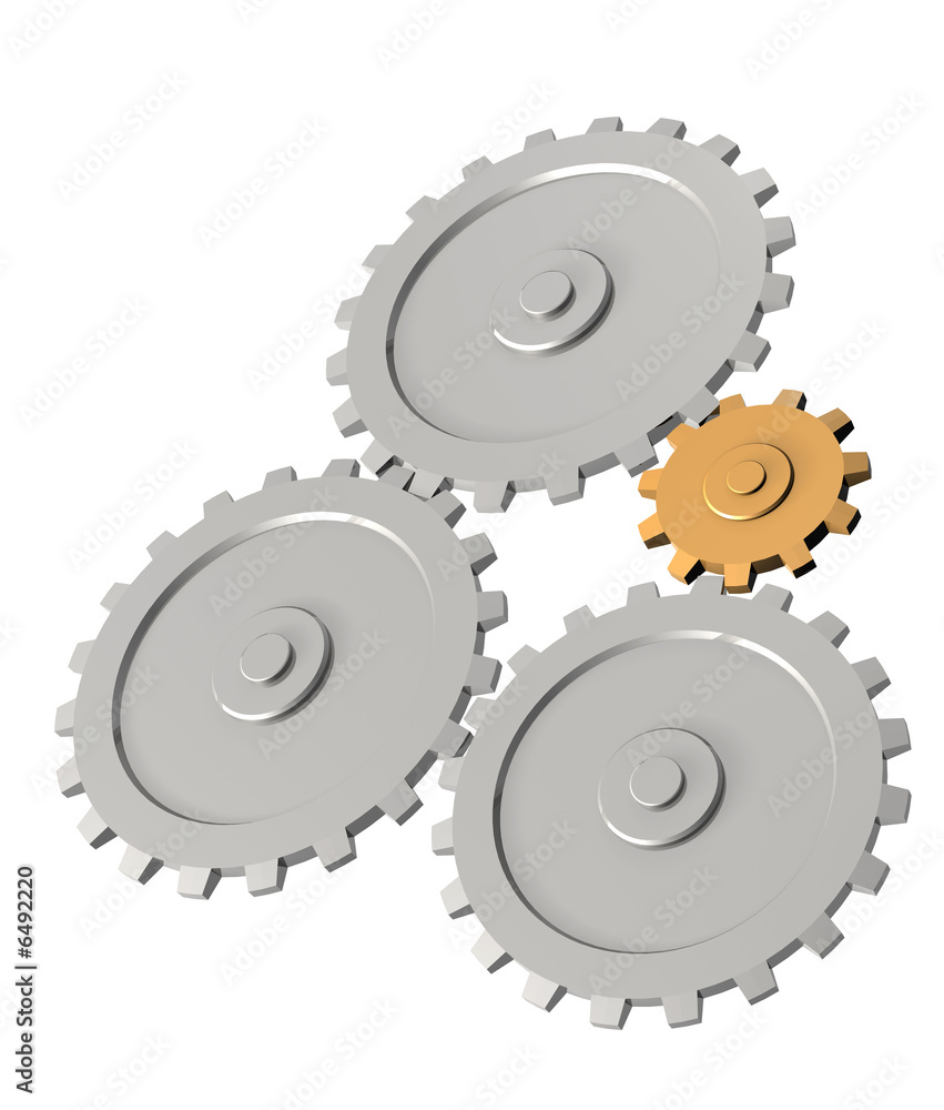 The 3d gold gear, rotating three steel gears. Objects over white The 3d gold gear, rotating three steel gears. Objects over white