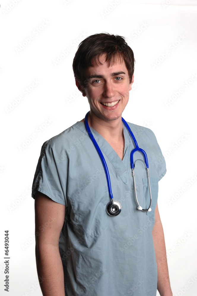 smiling resident intern doctor in scrubs with stethoscope smiling resident intern doctor in scrubs with stethoscope