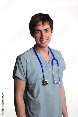 smiling resident intern doctor in scrubs with stethoscope