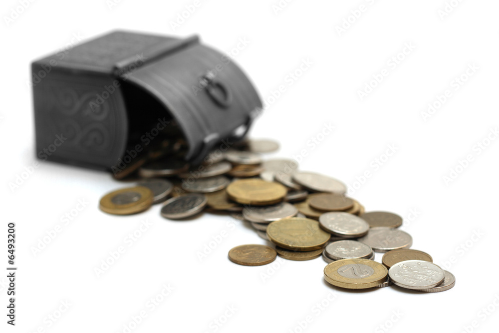 Box with coins, low depth of field, isolated on white Box with coins, low depth of field, isolated on white