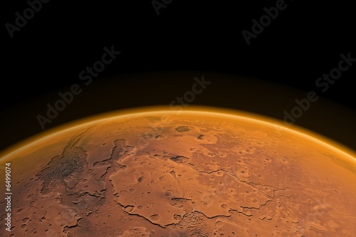Fototapeta Naklejka Na Ścianę i Meble -  Mars horizon with Mars channels,  Mars atmosphere. Render.