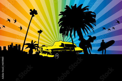 Gelbes Taxi in Kalifornien Los Angeles Skyline Palme Surfer (Regenbogen, Rainbow) #6519881