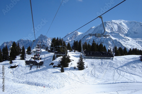 Ski lift with spectacular view of Mont Blanc mountain range