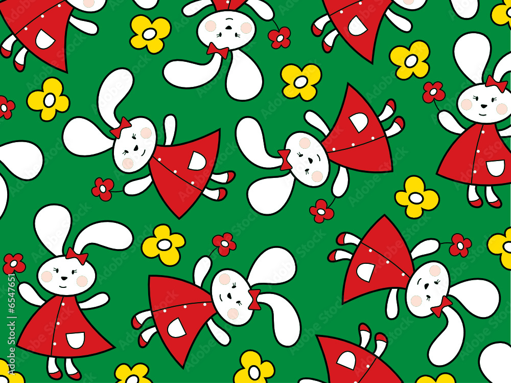 Red bunnies and yellow daisies on green meadow (vector) Red bunnies and yellow daisies on green meadow (vector)