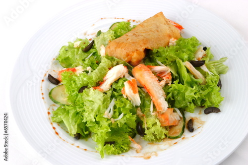 Dish from mutton, fritter, Seafoods, salad, greens,
