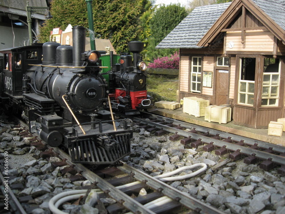 Modell / Garteneisenbahn Lokomotive im Bahnhof