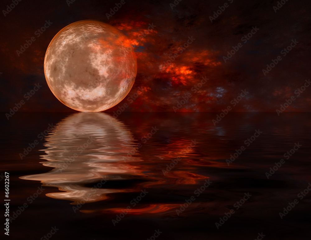 Naklejka premium Księżyc w pełni wschodzi nad wodą