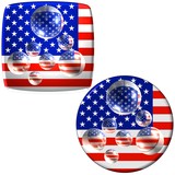 US-Flagge auf Button mit  Seifenblasen