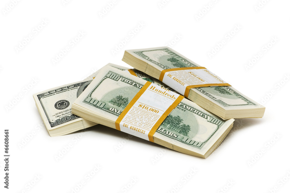 Ten thousand dollar stacks on the white Ten thousand dollar stacks on the white