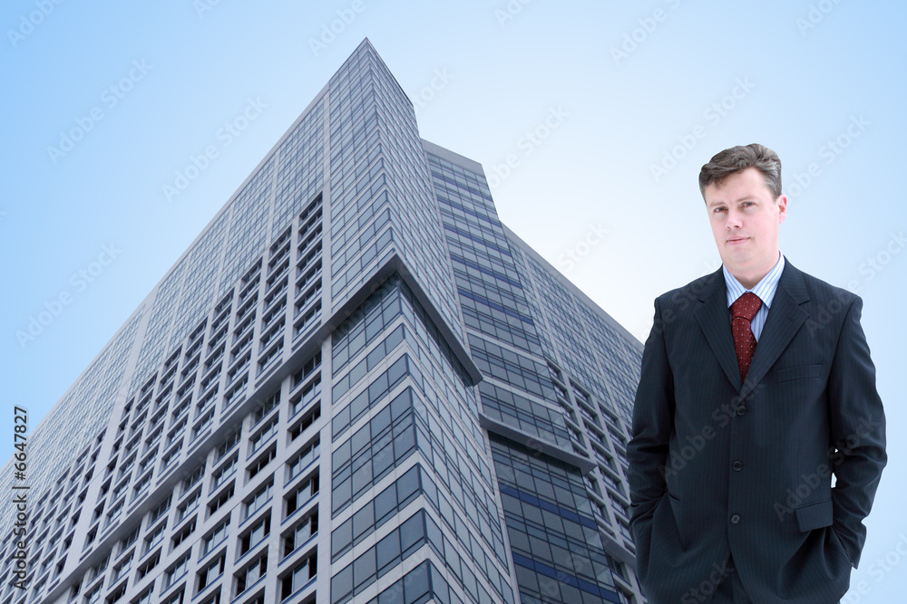 Business Man on background with modern building Business Man on background with modern building