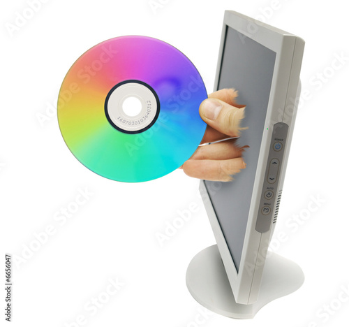 computer monitor with hand isolated on white