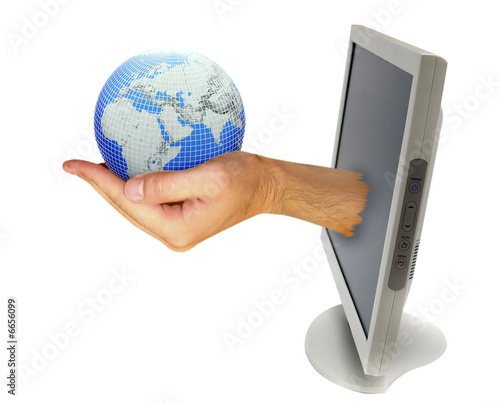 computer monitor with hand isolated on white